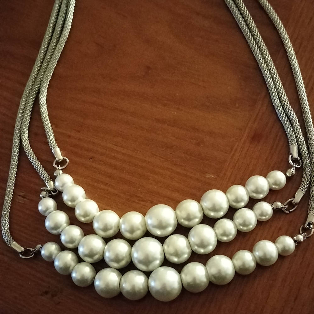3 Layer silver and pearl necklace